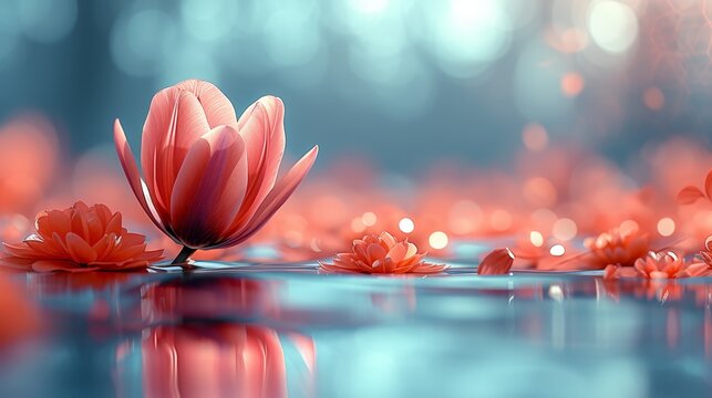   A collection of pink blooms bobbing atop a water surface, accompanied by raindrops on the surrounding terrain