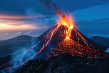 A dramatic eruption of a volcano at twilight, casting a fiery glow - obrazy, fototapety, plakaty