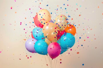 A dynamic explosion of colorful balloons and confetti on a light background