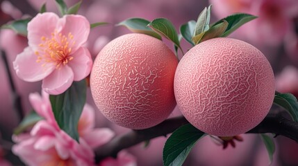   A tight shot of two peaches on a tree branch, surrounded by flowers, against a softly blurred background