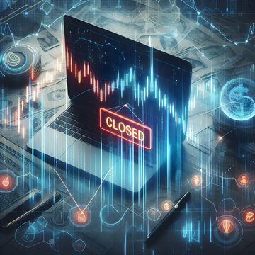 Photo real for Market Downturn as A top view of a closed sign on a stock market graph with fading currency symbols. in business digital collaboration theme ,Full depth of field, clean bright tone, hig