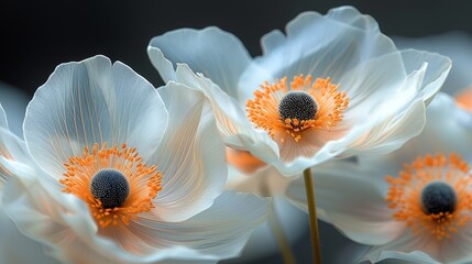   A cluster of white blooms with orange stamens in their centers, situated amidst the petals - obrazy, fototapety, plakaty