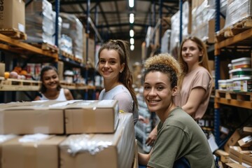 A group of people volunteering at a local food warehouse - obrazy, fototapety, plakaty