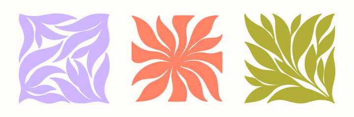 Vector colorful hand drawn floral square compositions.Hand drawn organic abstract shapes.Trendy contemporary art perfect for prints,flyers,banners,fabriс,branding design,covers.