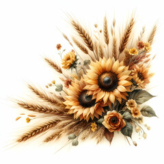 Photo real for Rustic Charm as A country style bouquet of sunflowers and wheat rendered in warm watercolor tones in watercolor floral theme ,Full depth of field, clean bright tone, high quality ,inclu