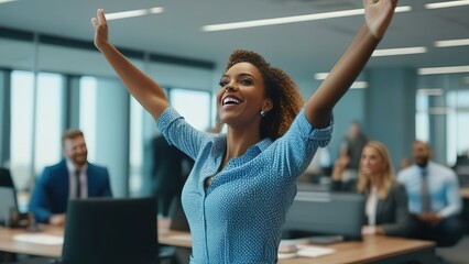 A successful business woman raises her hands up and rejoices at the increase in business profits. Business woman receives good news and raises her hands and shows her fists.