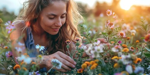 Young woman collects and dries medicinal herbs and flowers on nature sunny background. Herbal alternative medicine for holistic healing, healthy lifestyle concept. Generative ai - obrazy, fototapety, plakaty
