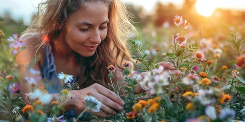 Stof per meter Young woman collects and dries medicinal herbs and flowers on nature sunny background. Herbal alternative medicine for holistic healing, healthy lifestyle concept. Generative ai © Iuliia Metkalova