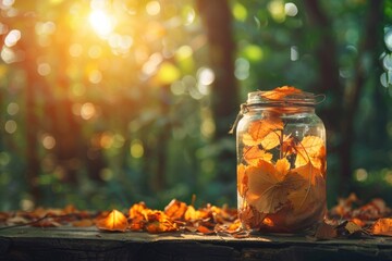 A jar filled with preserved autumn leaves - obrazy, fototapety, plakaty