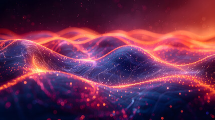 Digital illustration of dynamic red and blue waves made of particles against a dark background, conveying energy and flow - obrazy, fototapety, plakaty