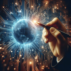 Photo real for Strategic Signature as A glowing pen signing off on a futuristic interface circuit patterns merging. in business digital collaboration theme ,Full depth of field, clean bright tone, hig