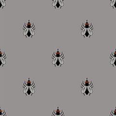 Seamless animal pattern with stylized flies. Insect design. On gray background.
