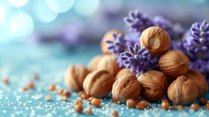   A heap of nuts atop a blue table; nearby, purple and white flowers in a bouquet