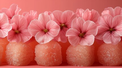  A collection of pink flowers seated together atop gummy balls on a pink surface