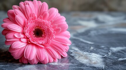   A large pink bloom atop a black-and-white marbled counter, beside a monochromatic black-and-white wall