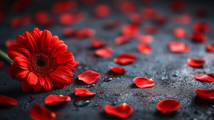   A red bloom perched atop a black backdrop, surrounded by scarlet petals and droplets of water on the ground