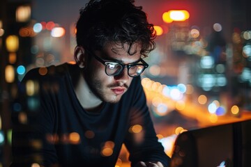 A man with glasses is intensely focused on his laptop screen, city's night lights background