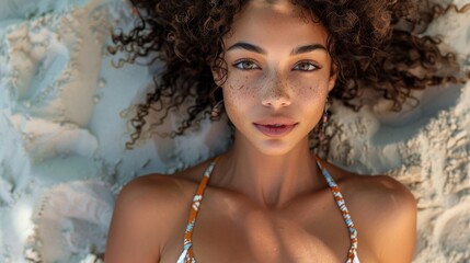 a young beautiful black woman with curly hair  lying on the beach  in summer
