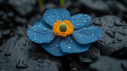   A blue flower with a yellow center sits atop a rock, adorned by water droplets on its petals Its green center lies hidden beneath