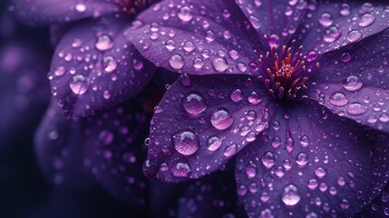   A tight shot of a purple flower with water droplets on its petals and the flower's wet center - obrazy, fototapety, plakaty