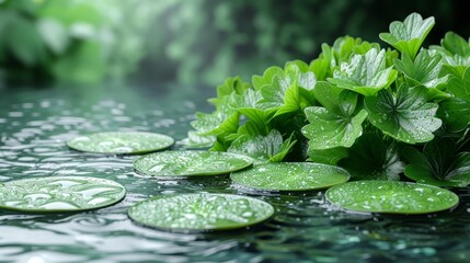   A collection of green leaves afloat atop still water, speckled with droplets