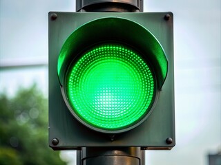 The traffic light at the pedestrian crossing is green