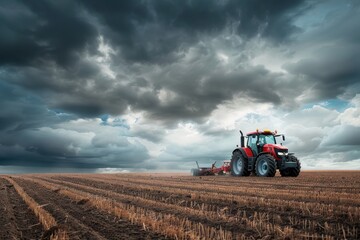 Obraz premium Red tractor drives across a huge field under a dramatic stormy sky, highlighting the power of modern agriculture
