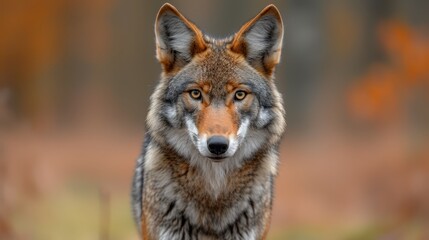 Fototapeta premium A wolf's face, tightly framed, against a backdrop of blurred brown grass and trees