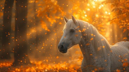   A white horse stands in a forest, surrounded by yellow-leaved trees as the sun shines through them