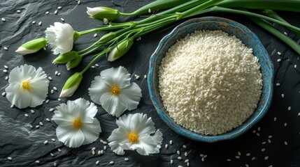   A blue bowl holds rice, adjacent is a black tabletop adorned with white flowers Their stems are green, as are the petals - obrazy, fototapety, plakaty