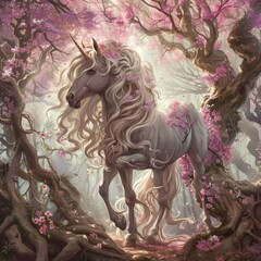  Unicorn stands amidst forest, pink flowers adorn its back legs