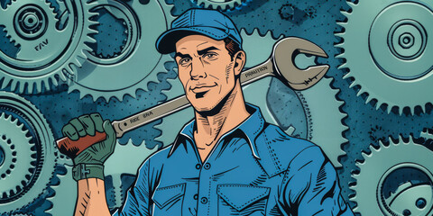 Confident mechanic in retro vintage comic art style