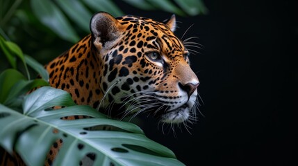   A leopard's face, tightly framed, with a foreground plant and a backdrop of unyielding black