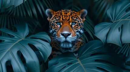   A tight shot of a leopard's face amidst large green leaves and palm fronds