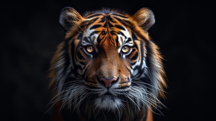   A tight shot of a tiger's visage against a black backdrop, its features softly blurred