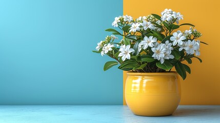   A yellow vase, brimming with white blooms, sits atop a blue-and-yellow table Nearby, a blue-and-yellow wall extends