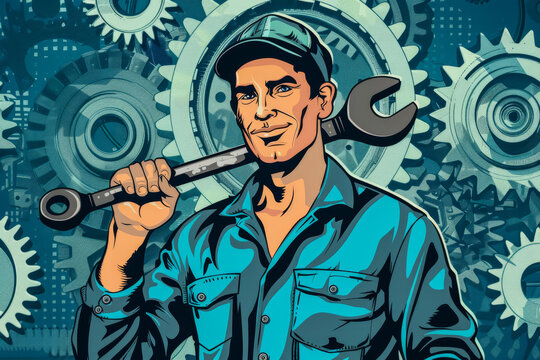 Confident mechanic in retro vintage comic art style
