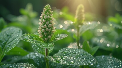   A tight shot of a verdant leafy plant, adorned with water droplets on its surface Sunlight streams in from behind