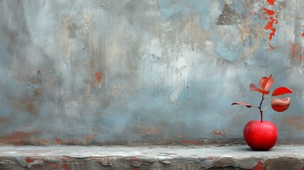   A red vase, holding a single red flower, sits atop a ledge against a backdrop of blue and gray wall - obrazy, fototapety, plakaty