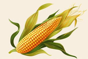 A stylized depiction of a ripe ear of corn with golden kernels, presented with a flourish of green leaves