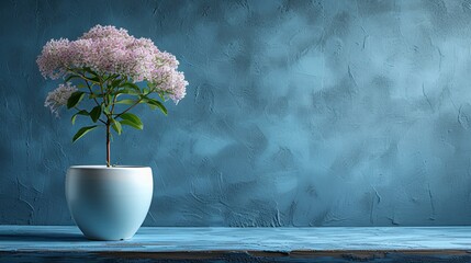   A white vase holds a pink flower atop a brown wood table, situated before a blue-painted wall