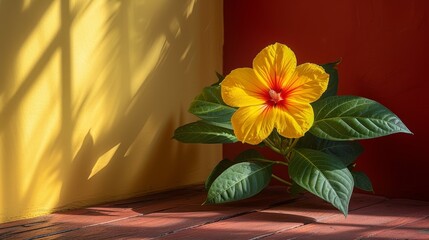   A yellow and red flower sits atop a wooden floor Nearby stands a yellow wall, and a red-and-yellow striped wall completes the scene