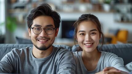 an asiatic young couple looking to camera with a smile