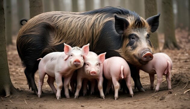 a-boar-with-a-group-of-piglets-huddled-around-it- 3