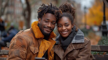 a black couple looking their smartphone with a smile