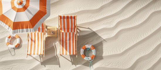 Orange beach accessories on sandy shore, suitable for leisure and travel marketing or beachside service brochures - obrazy, fototapety, plakaty