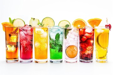 A vibrant collection of various refreshing cocktails Isolated on solid white background