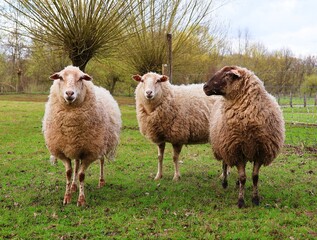 Three sheep in a meadow.