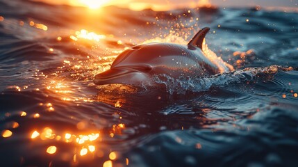   A dolphin swims in a body of water with the sun shining on its dorsal fin Its head occasionally breaks the surface - obrazy, fototapety, plakaty