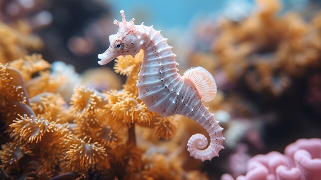   A tight shot of a sea horse among corals, with corals filling the background
